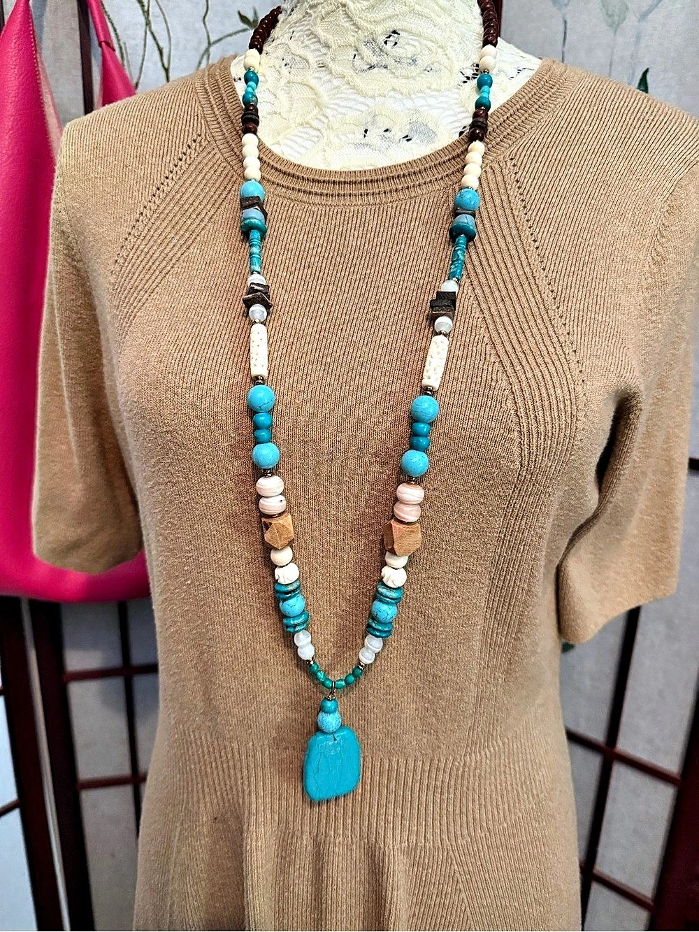 Chico's Beaded Pendant Necklace in Brown & Turquoise NWT
